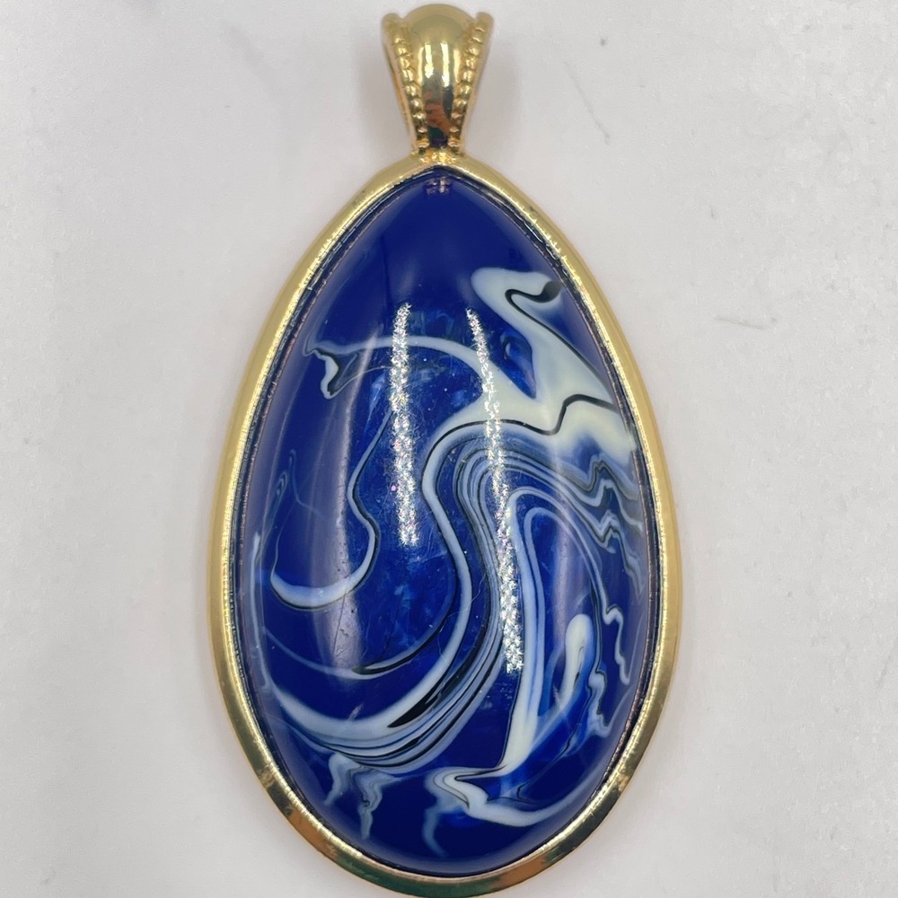VTG NRG Retro Blue White Swirl Slag Glass Teardrop Pendant Gold Tone Statement